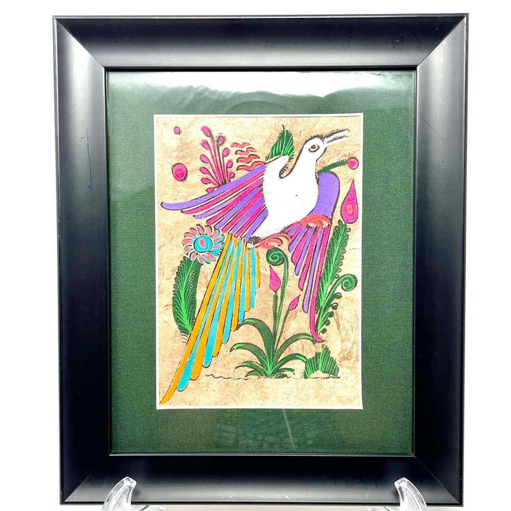 Mexican Folk Art Amate Bark Framed Painting Colorful Vibrant  Bird Floral Decor